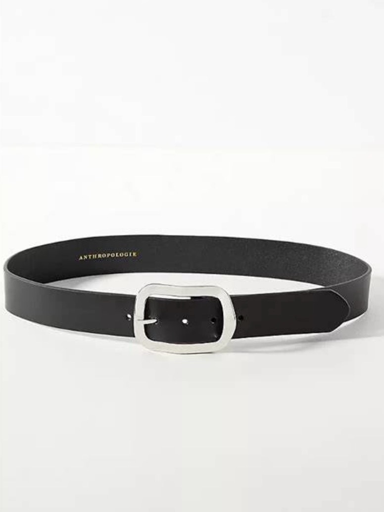 Anthropologie Black Leather Belt With Silver-Tone Square Buckle